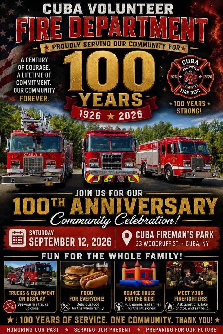 Flyer for Cuba Fire Department 100th Anniversary Community Celebration