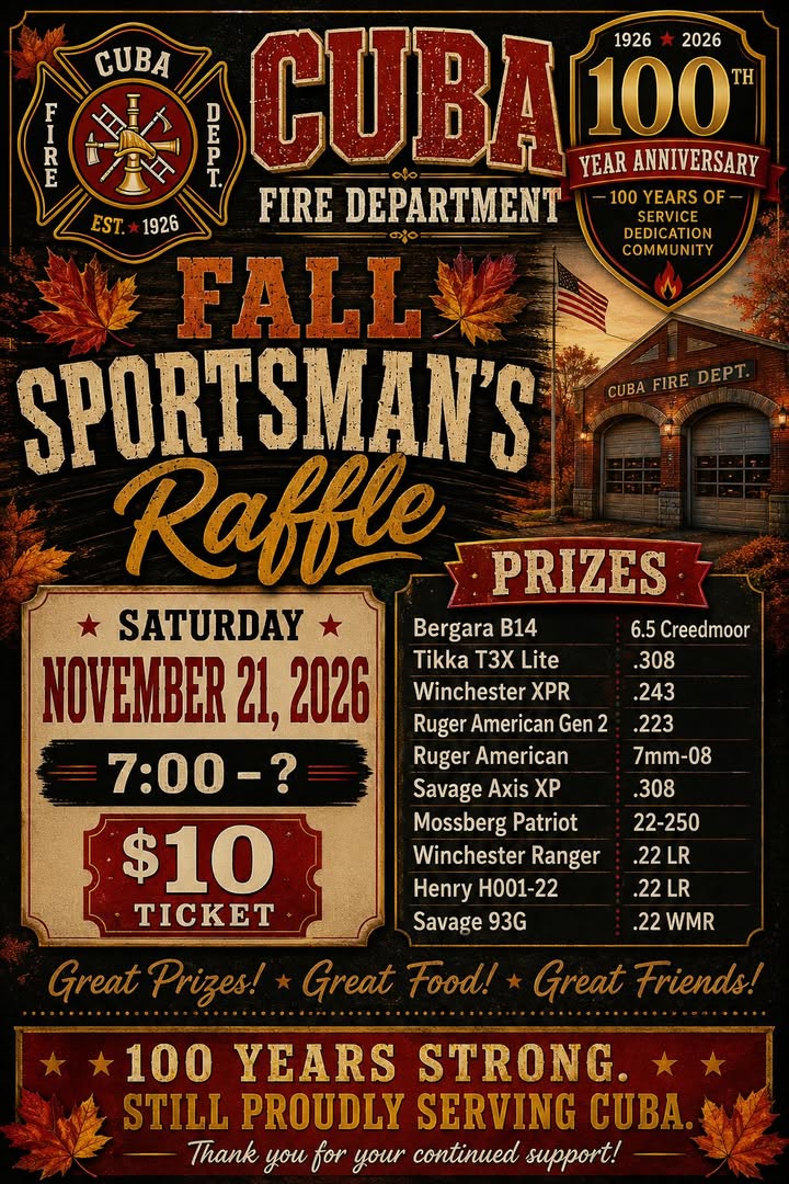 Flyer for Cuba Fire Department Fall Sportsman's Raffle