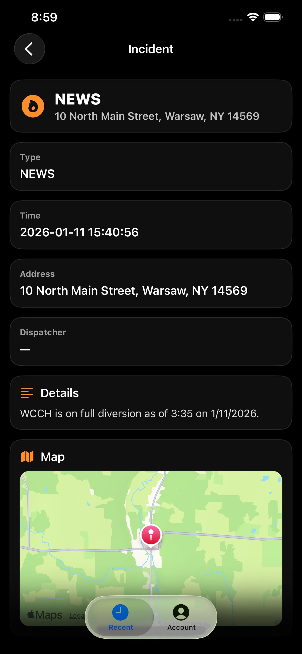 Incident details and map in RAVEN